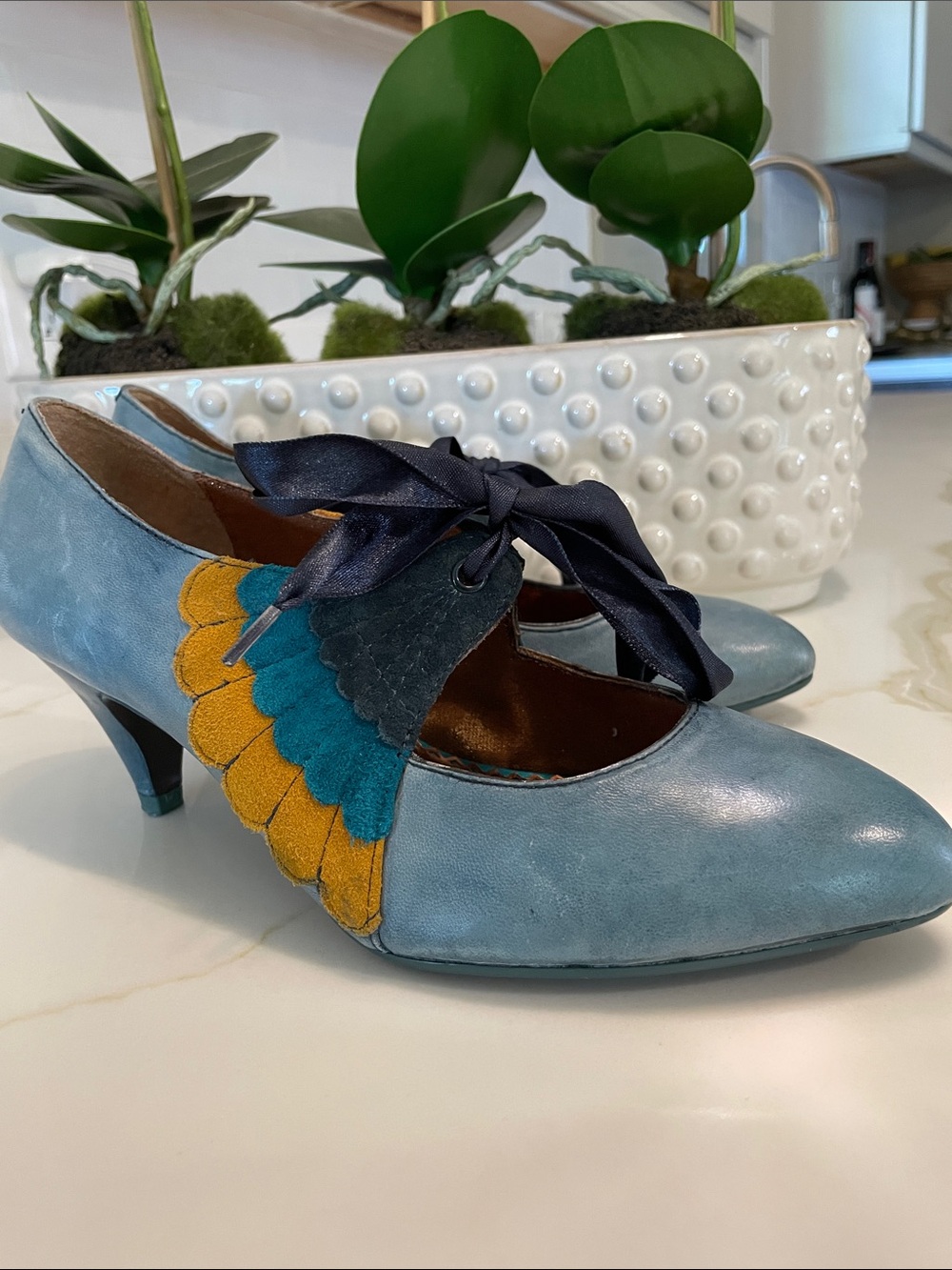 Poetic License London “Flapper” heels. Teal, dark blue, mustard. Size 6.
